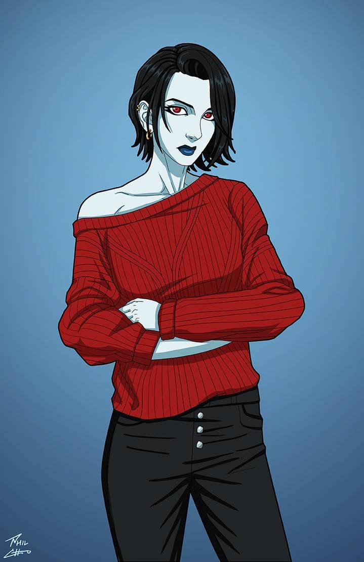 a drawing of a woman with her arms crossed wearing a red sweater and black pants