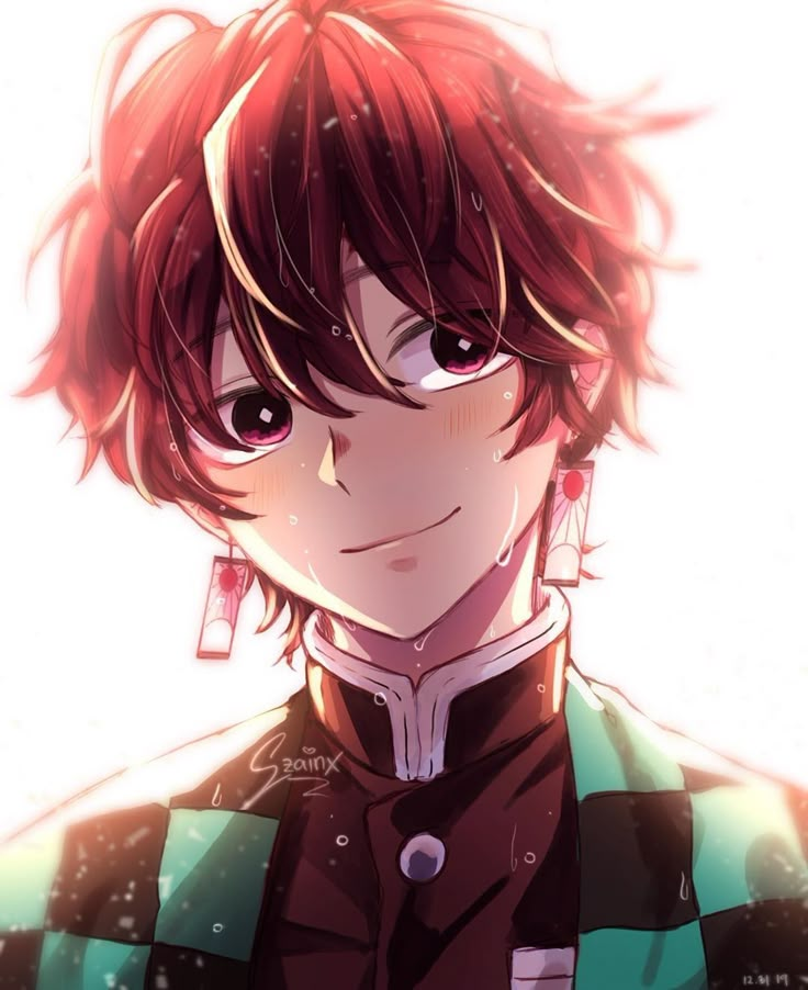 an anime character with red hair and piercings on his ears is looking at the camera