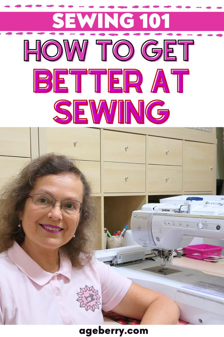 a woman sitting in front of a sewing machine with the words how to get better at sewing