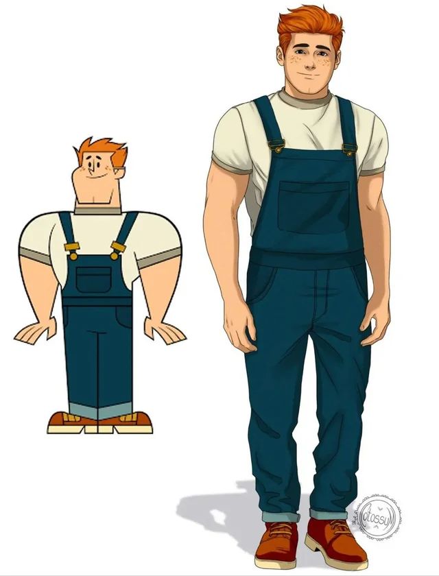 a man in overalls standing next to an animation character