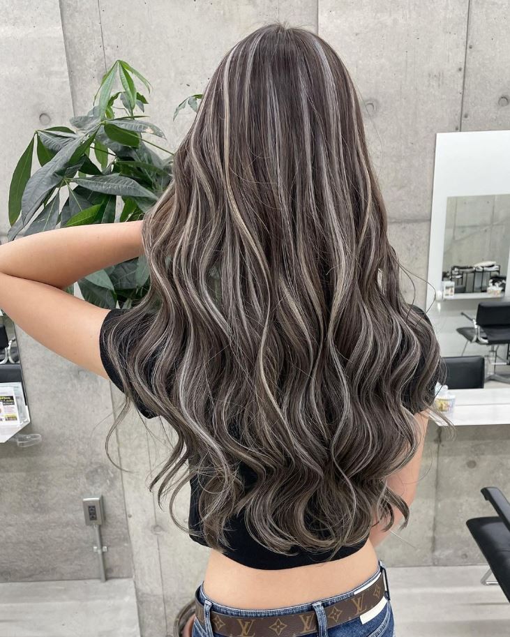 Grey Babylights In Brown Hair, Ash Blonde Streaks On Brown Hair, Platinum On Dark Hair, Dark Ash With Highlights, Dark Brown And Ash Brown Hair, Blonde Highlights For Dark Brown Hair Straight, Blond Highlights On Dark Hair Ashy, Ash Brown Chunky Highlights, Balayage And Highlights On Dark Hair