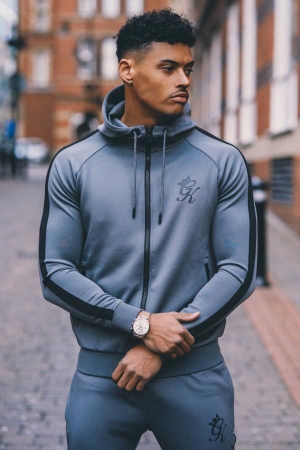 Tapered Poly Tracksuit Top - Steel/Black Tracksuit Outfits, Fitness Shirts, Tracksuit Men, Track Suit Men, Tracksuit Tops, Sports Fashion, Sports Wear, Outfits Men, King Logo