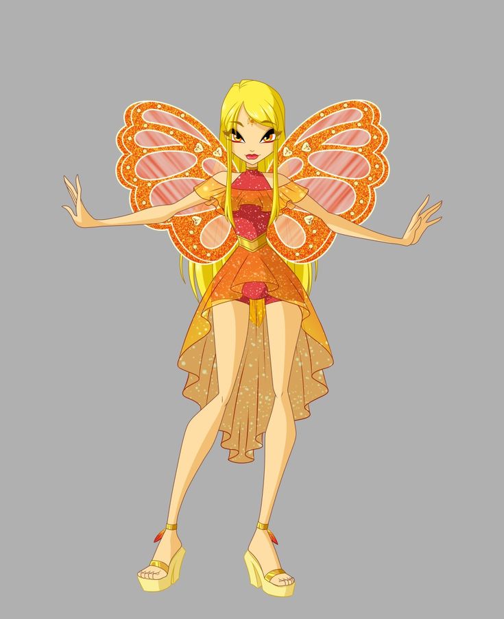 a cartoon fairy with yellow hair and orange wings, standing in front of a gray background