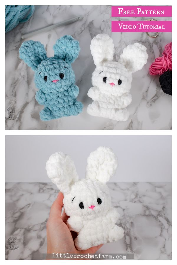 two crocheted stuffed animals sitting on top of a marble counter next to each other