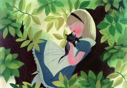 a painting of a girl holding a cat in the woods with green leaves around her