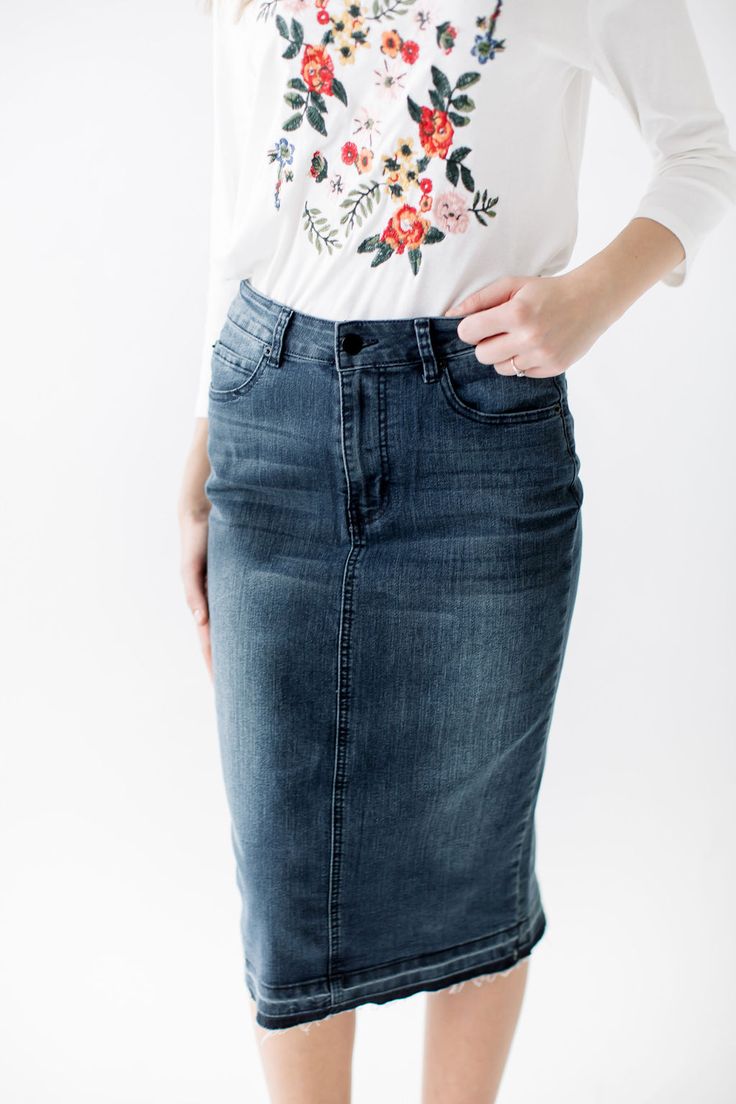 The 'Adeline' is bringing a fresh look with a deep blue denim wash including some light distressing on front as well as the back. We chose a stretchy denim for everyday comfort. Transition seasons easily with the versatile design!  We are thrilled to provide this denim skirt in a 22", 25”, and 27" length! Nana Clothes, Knee Length Denim Skirt, Denim Skirts Knee Length, Style Staples, Modesty Outfits, Knee Skirt, Ladies Denim, Long Skirt Outfits, Fasion Outfits