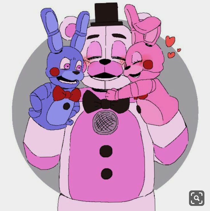 three cartoon characters in pink and blue outfits, one is wearing a top hat and the other has a bow tie