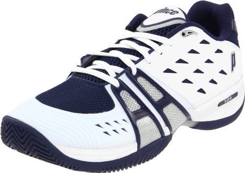 a tennis shoe with white and blue accents on the upper part of the shoe,