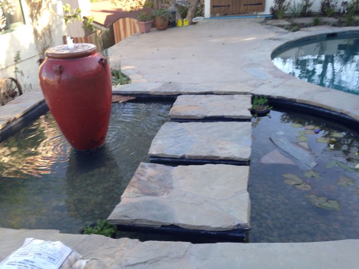 a large red vase sitting on top of a small pond next to a stone walkway