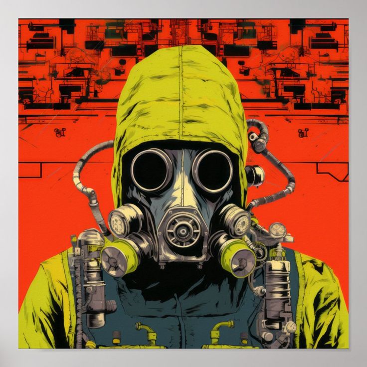 a man wearing a gas mask and yellow jacket is standing in front of a red background