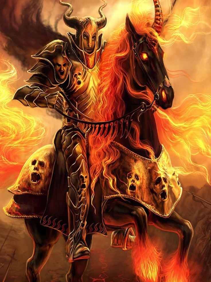 a man riding on the back of a black horse next to fire and skulls behind him