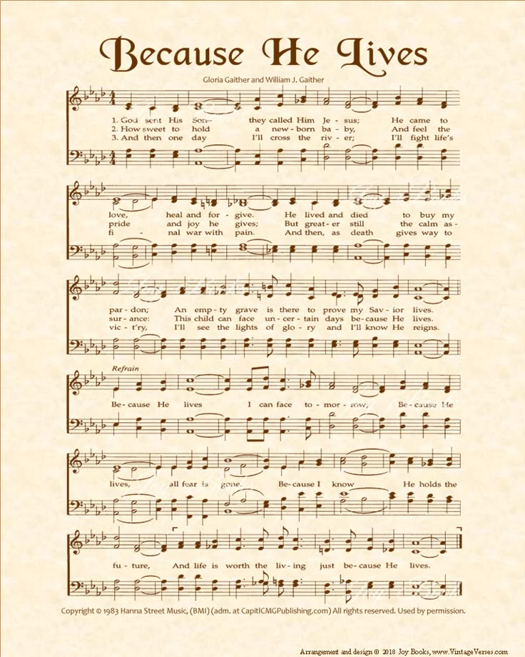 an old sheet music page with the words because he lives