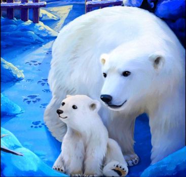 a polar bear and her cub are in the snow