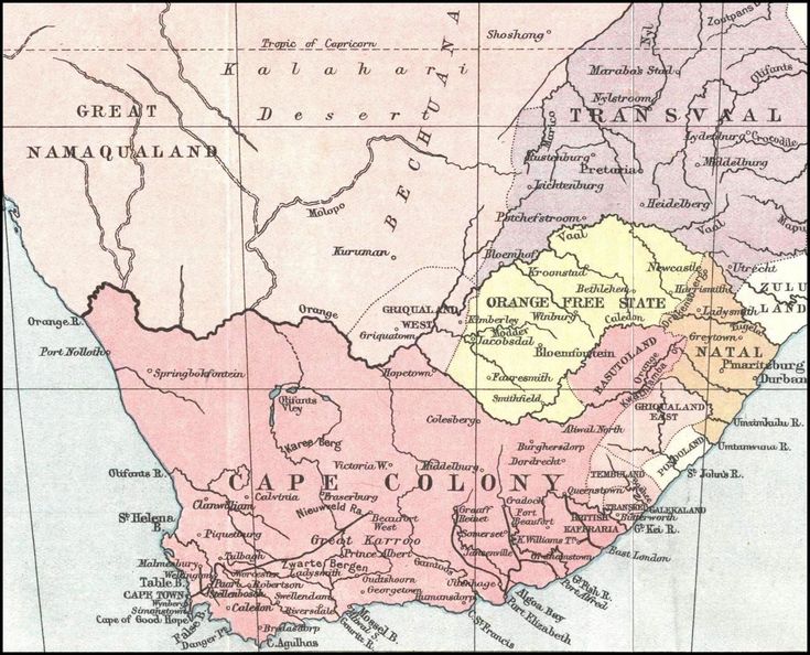 an old map shows the location of cape colony and its major cities, as well as other important places