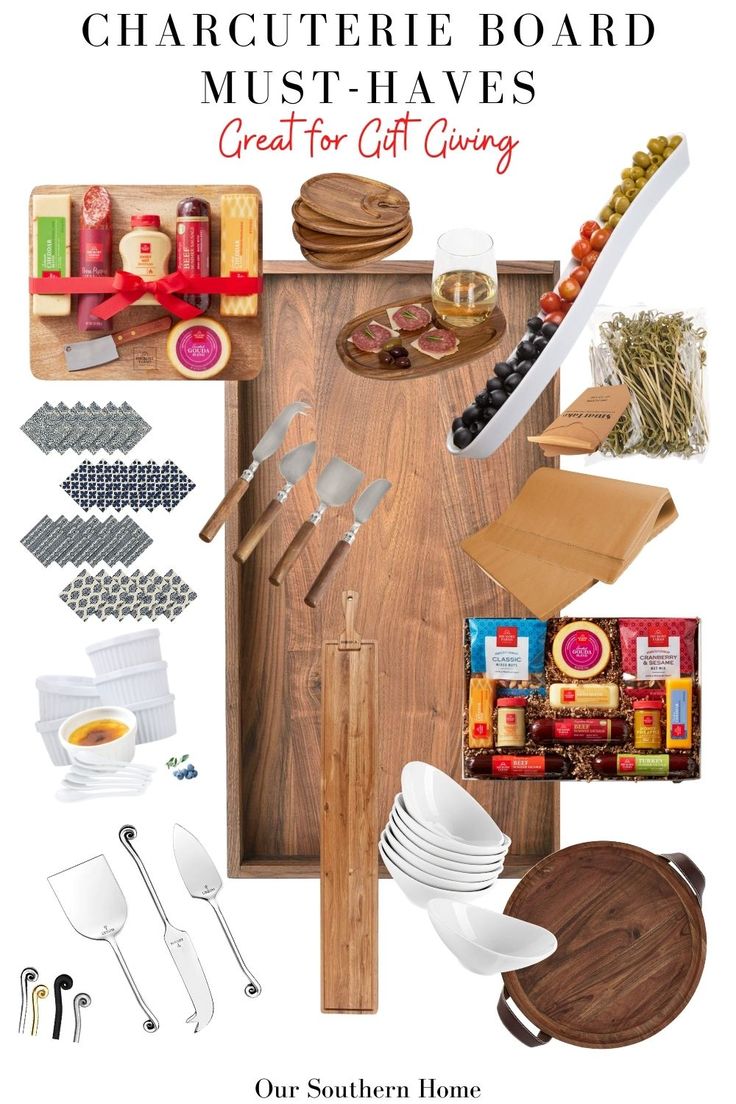 a wooden cutting board filled with lots of different items