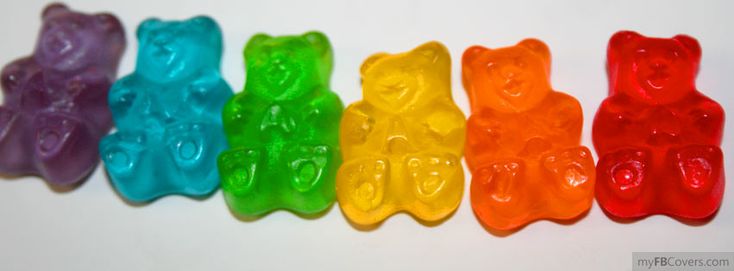 six gummy bears lined up in a row