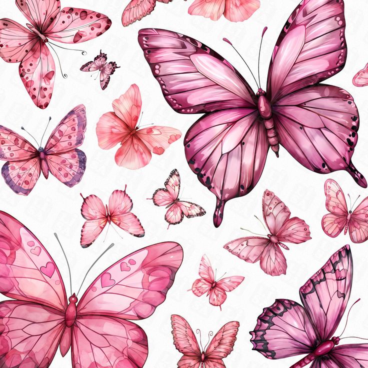 a bunch of pink butterflies flying in the air with their wings spread wide and open