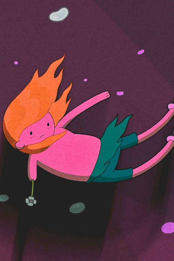 a cartoon character floating in the air with an orange and pink hair on his head