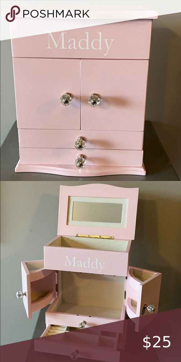 a pink dresser with two drawers and the words maddy in white lettering on it