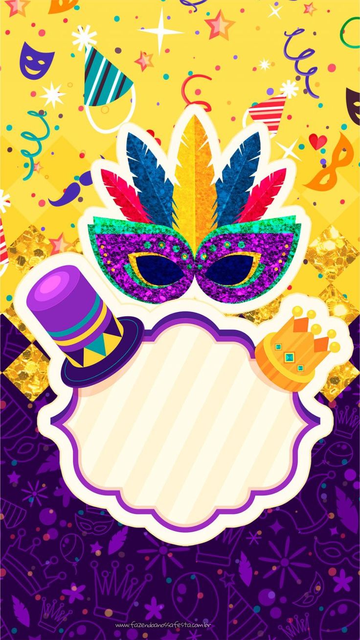 a mardi gras mask with confetti and streamers in the background