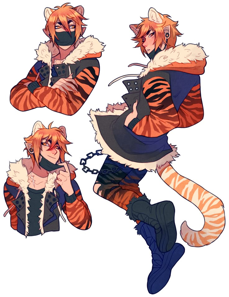 three different poses of an anime character with orange hair and black clothes, one is holding a