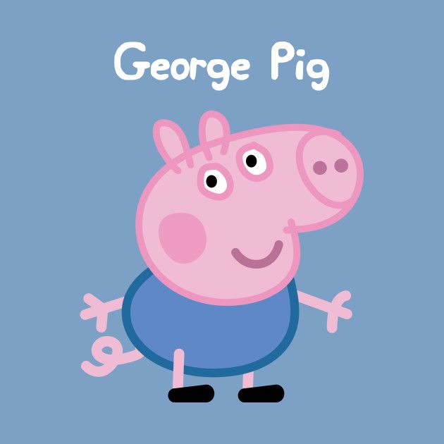 a cartoon pig with the words george pig on it's chest, standing in front of a blue background