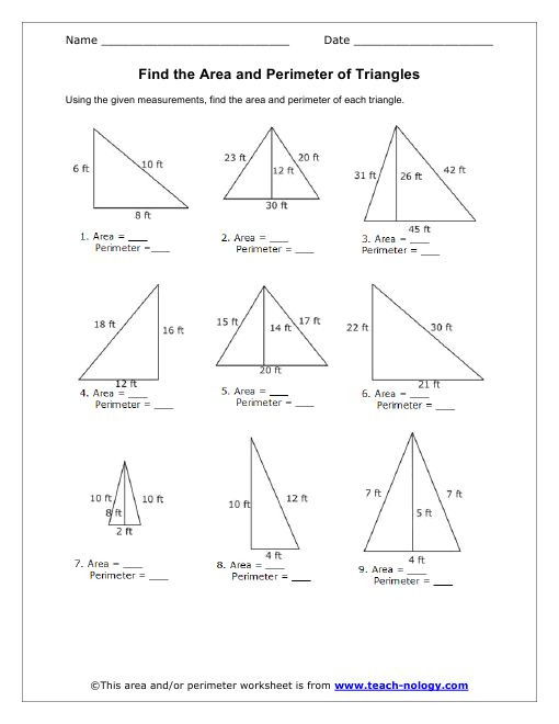 the area and perimeter of triangles worksheet for students to practice their math skills