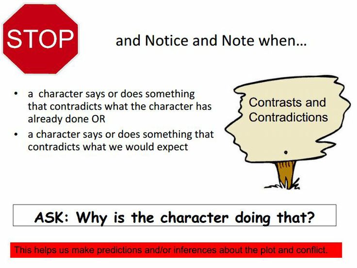 a sign that says, stop and notice and note when contacts say what the character has already done