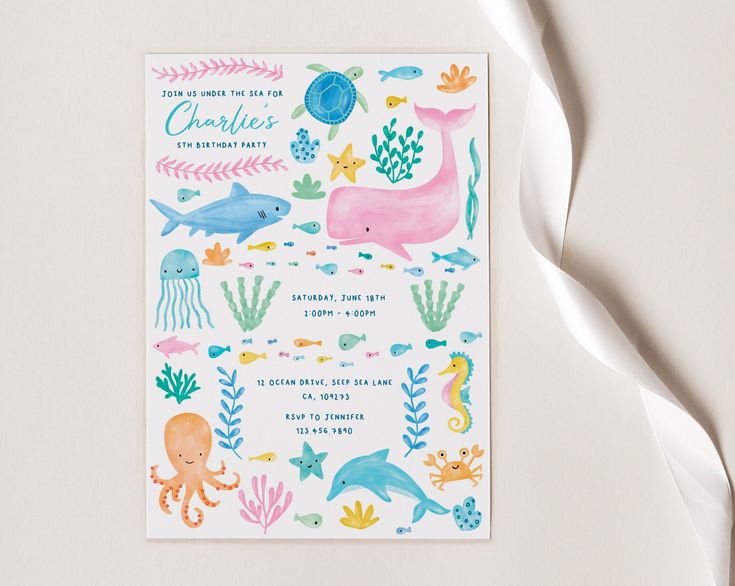 Under the Sea Birthday Invitation Whale Invitation Sea Life Invitation ...