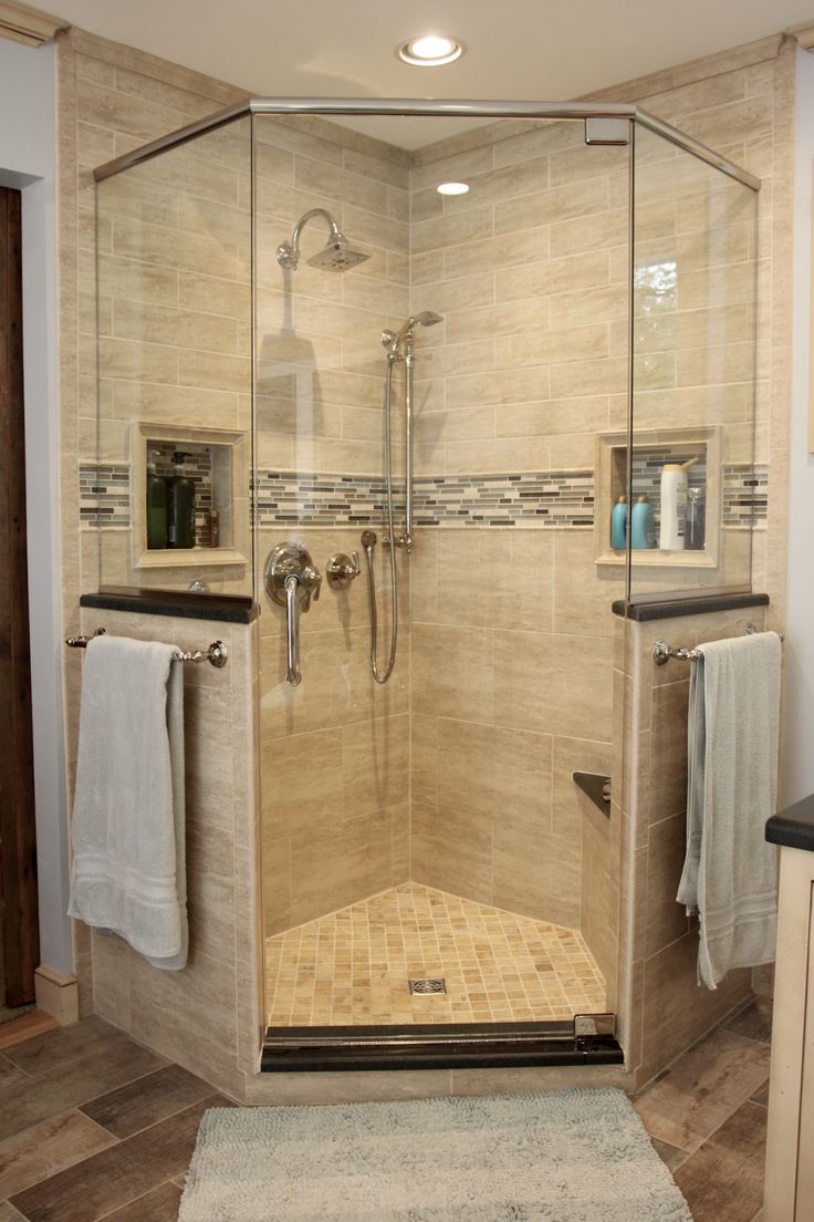 a walk in shower sitting inside of a bathroom