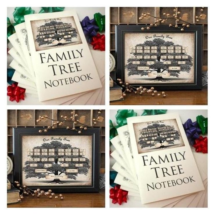 four pictures of family tree notebooks with ribbons and bows on the table next to them