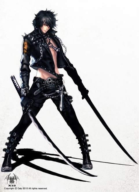 an anime character holding two swords in her hand and wearing black clothes with chains on them