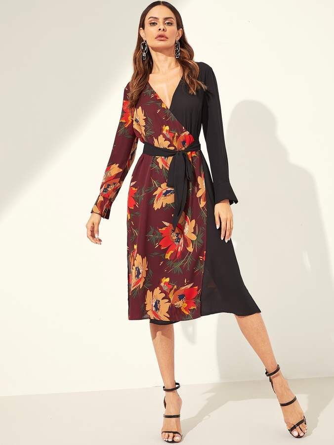 SheinShein Floral Print Surplice Wrap Belted Dress Floral Belts, Belted Wrap Dress, Natural Clothing, Latest Dresses, Trendy Dress, Split Dress, Gown Wedding Dress, Trendy Dresses, Women Dresses