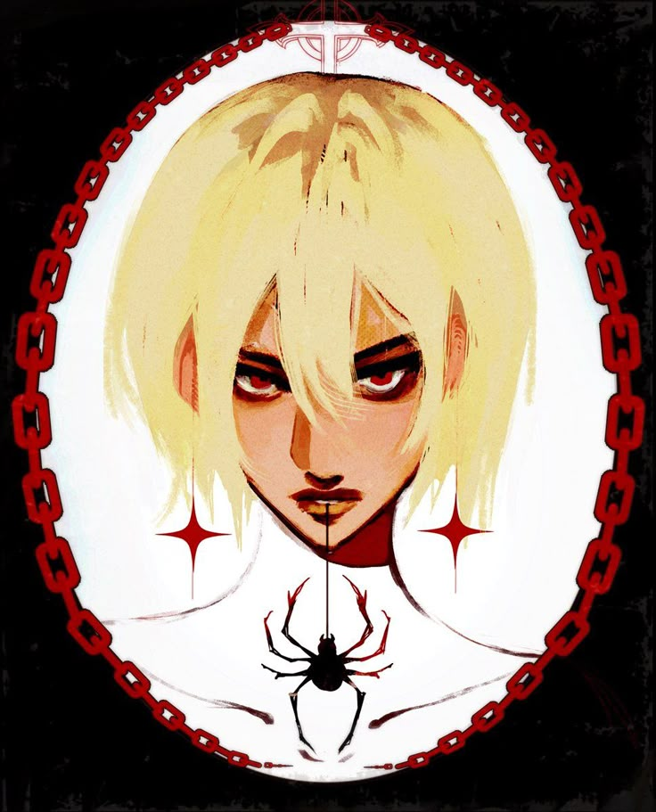 a drawing of a blonde haired woman with red eyes and spider web around her neck