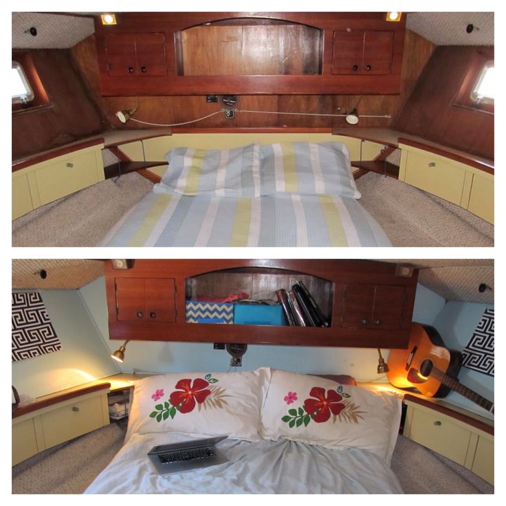 there are two pictures of the inside of a boat, one with a bed and another with pillows