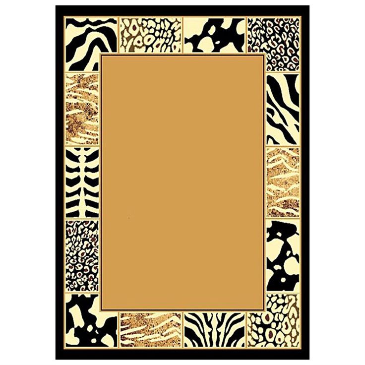 an animal print area rug with a gold border in the center and black trim around the edges