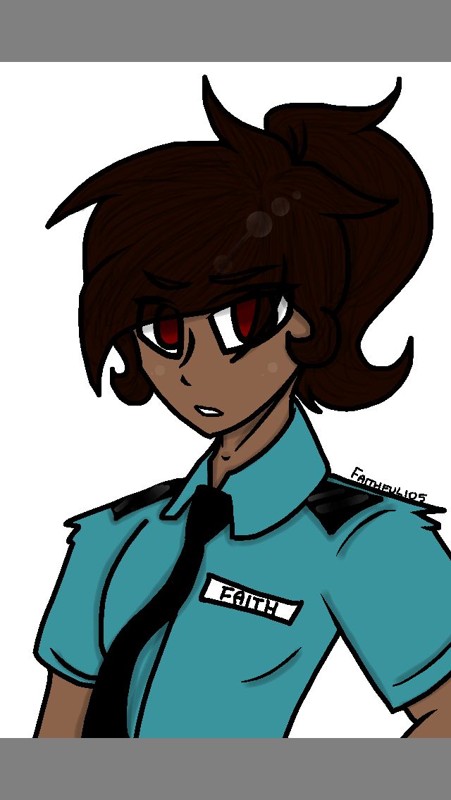 a drawing of a woman police officer with her hands on her hips, wearing a blue shirt and black tie