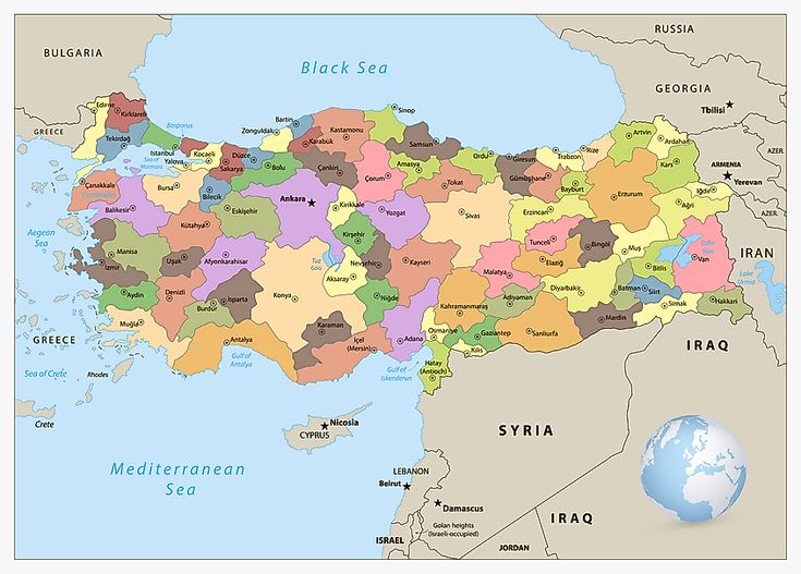 a large map of the middle east with all states and their major cities on it