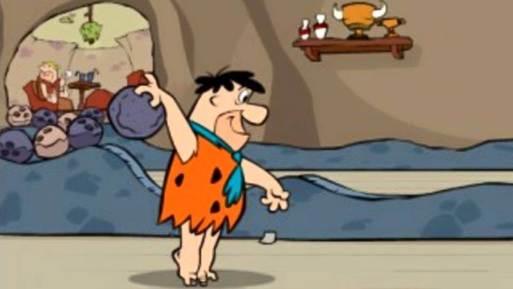 a cartoon character is standing in front of a bed with his arms up and head turned to the side