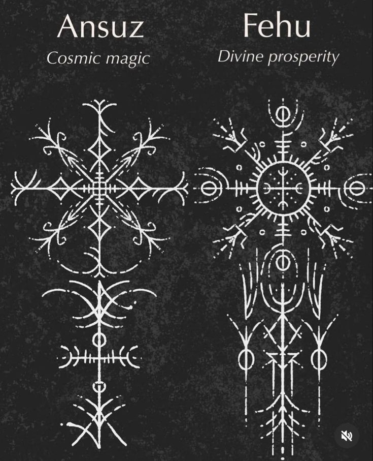 two different types of symbols in white ink on a black background with the words, ansuz and cosmic magic divine prosperity