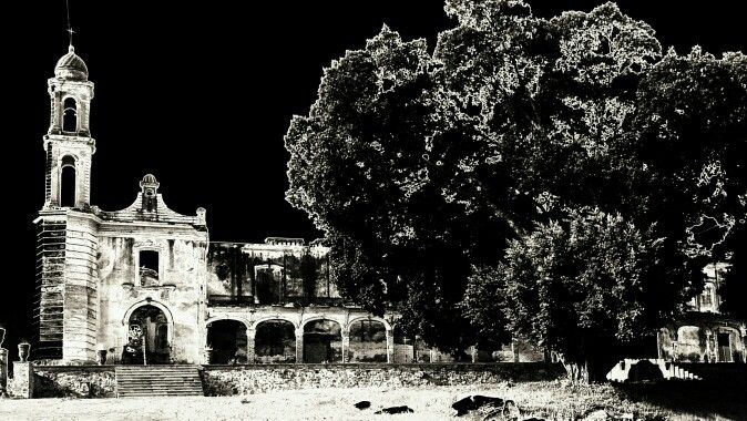 a black and white photo of an old building with a tree in the foreground