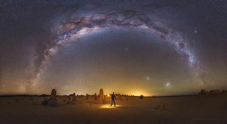 people are standing in the middle of a desert under a large star filled night sky