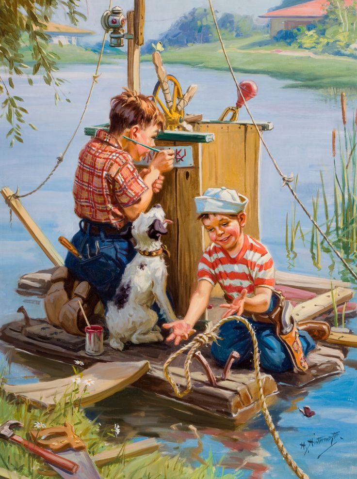 two boys and a dog on a boat in the water, one is holding a fishing rod