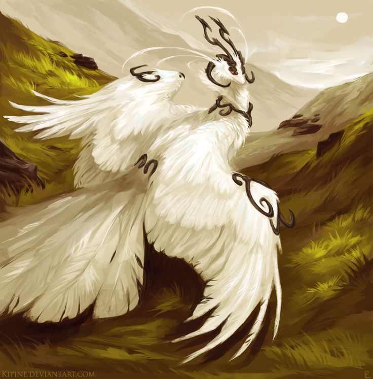 an artistic painting of a white bird with wings spread out in front of mountains and trees