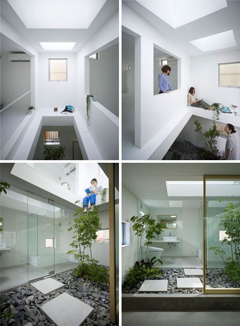 four different shots of people working in the same room as they walk up and down stairs