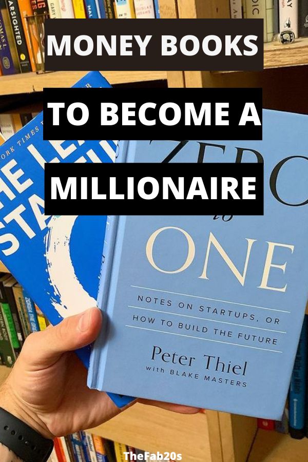 a person holding up a book in front of bookshelves with text overlay reading money books to become a millionaire