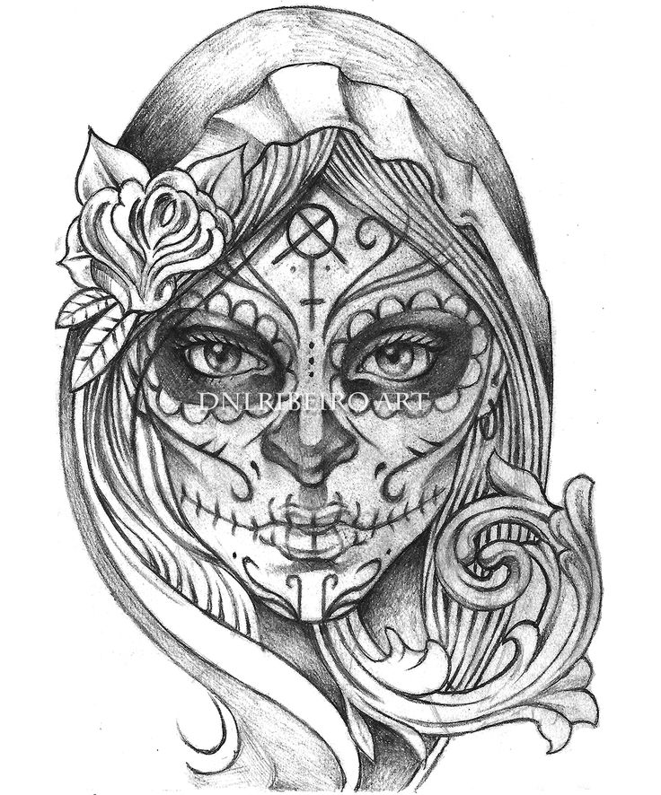 a drawing of a girl with sugar skull makeup on her face and flowers in her hair