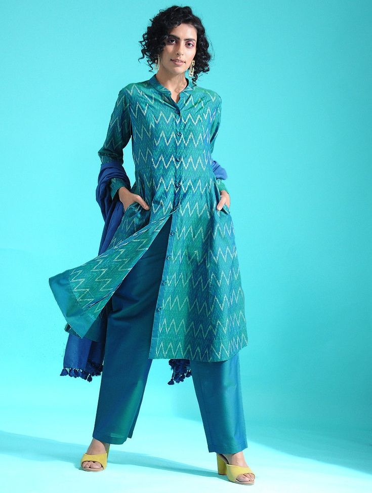 Buy Green Ikat Silk Cotton Kurta Women Kurtas Online at Jaypore.com Ikkat Kurta Designs, Kurta Outfit, Printed Kurti Designs, Kurta Women, Silk Kurti Designs, Green Ikat, Desi Outfits, Silk Kurti, Ikat Dress