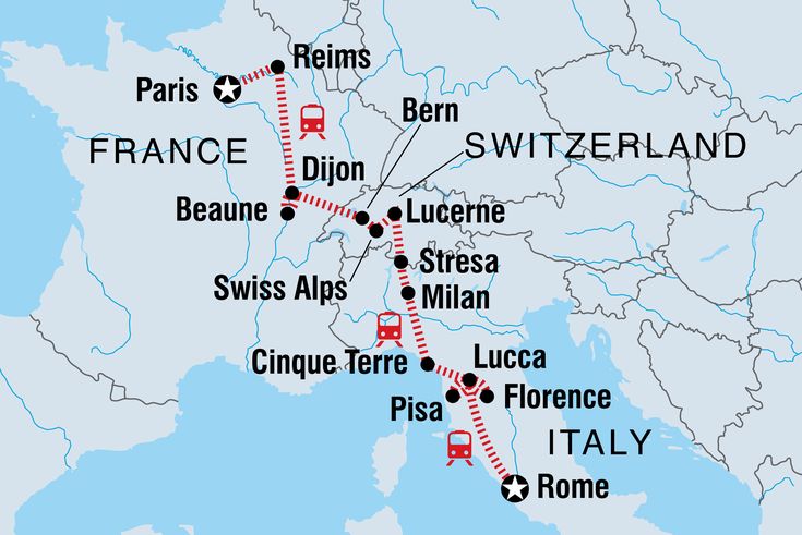 a map showing the route for france and italy with all its major cities on it