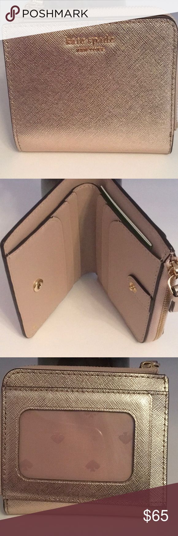 kate spade small l-zip bifold wallet Style- Cameron Color- metallic blush (soft rose gold) Approximately 4.5” w Outer ID window 6 inner card slots 1 zip pocket 1 long bill slot kate spade Bags Wallets Soft Rose, Bifold Wallet, Wallet Fashion, Kate Spade Bag, Card Slots, Zip Around Wallet, Slots, Wallets, Zip Pockets